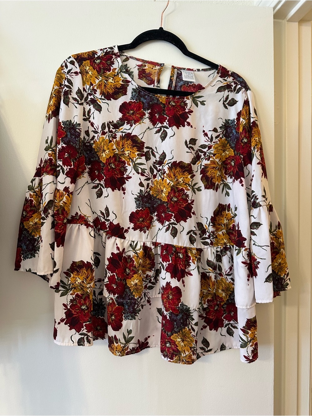 Time and Tru Ivory Peplum Tunic with Red & Mustard Floral